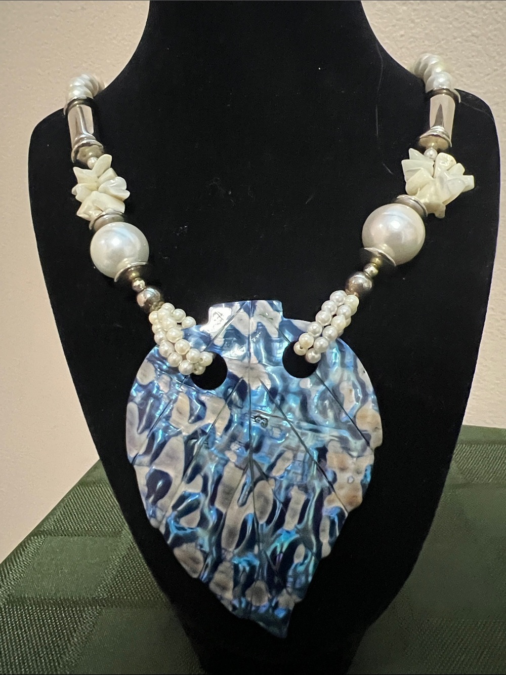 Blue Abalone Leaf Pendant Necklace with Pearl Accents